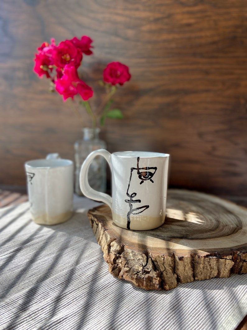 Picasso coffee/tea mug, Ceramic cup, White and blue tableware tea set, Handmade pottery drinkware, Stoneware mug, Modern art by Manya image 5