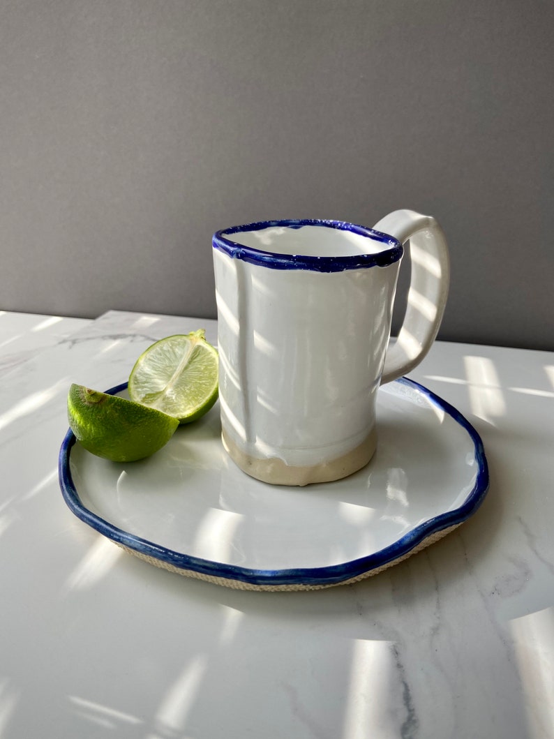 White and blue tea/coffee gift set of mug and dessert plate, Dinnerware snack plate & cup, Unique stoneware ceramic set, Modern art by Manya image 7