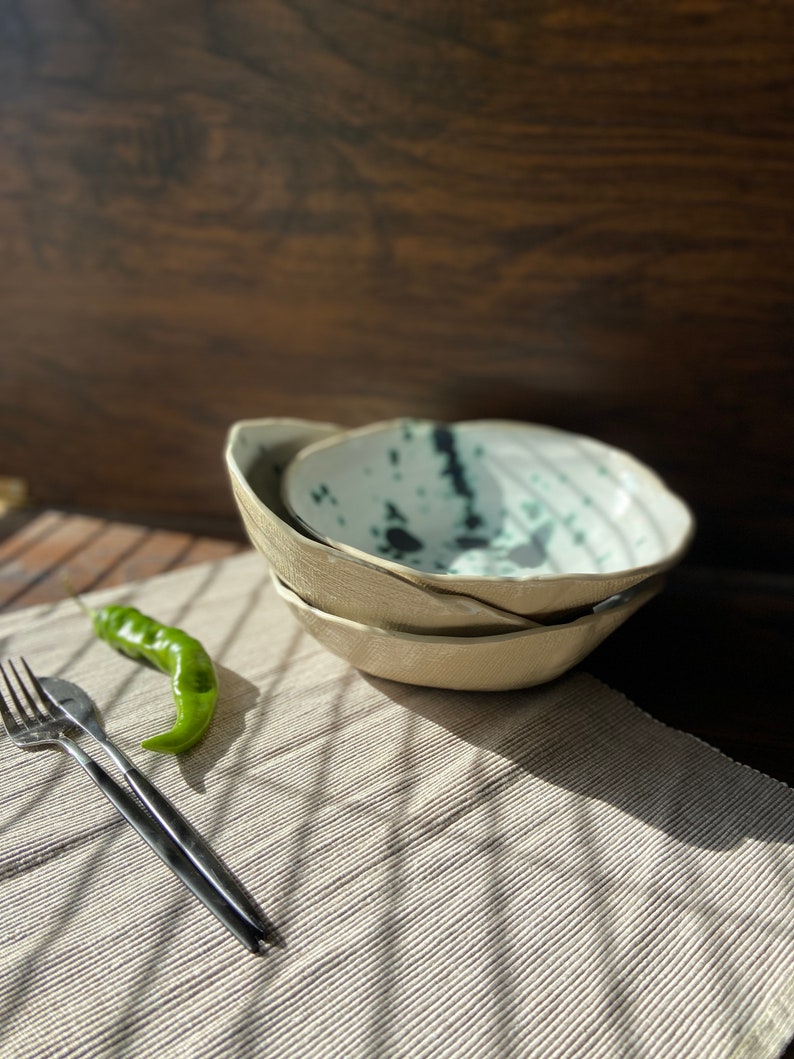 Sculpted green spotted salad/serving bowl, Ceramic dinnerware service plate, Stoneware handmade bowl, Tableware set, Modern art by Manya image 7
