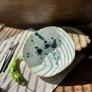 Sculpted green spotted salad/serving bowl, Ceramic dinnerware service plate, Stoneware handmade bowl, Tableware set, Modern art by Manya image 2