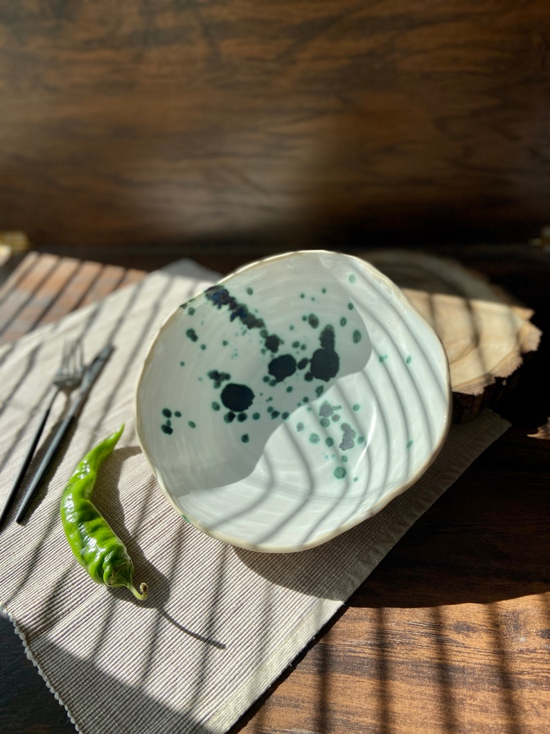 Sculpted green spotted salad/serving bowl, Ceramic dinnerware service plate, Stoneware handmade bowl, Tableware set, Modern art by Manya image 2