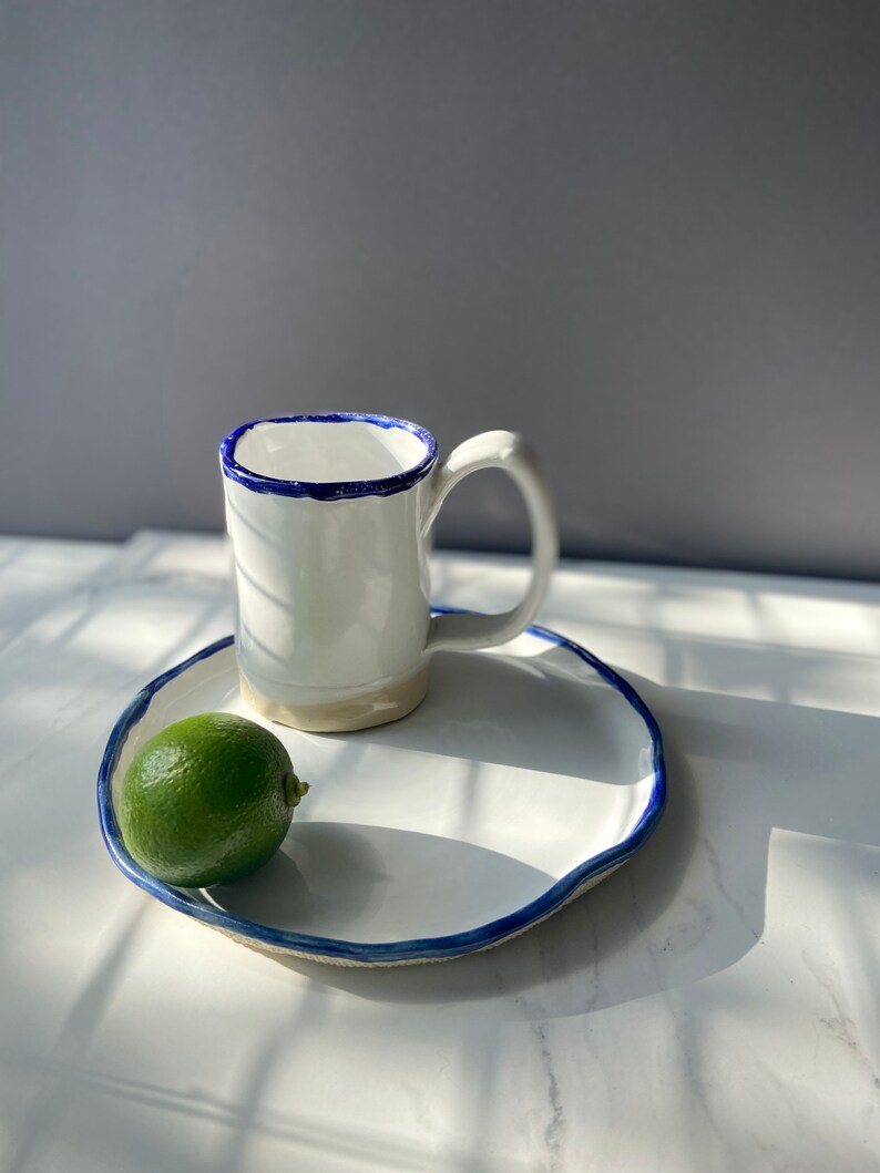 White and blue tea/coffee gift set of mug and dessert plate, Dinnerware snack plate & cup, Unique stoneware ceramic set, Modern art by Manya image 9