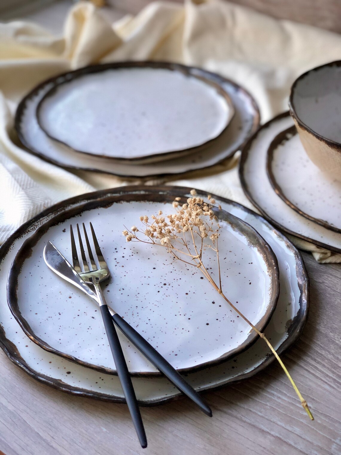 White and Black Rim Dinnerware Set Stoneware Dinner Side Etsy