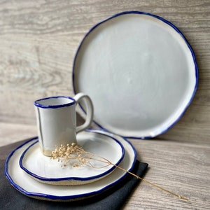 White and blue rim main/serving plate 12', Large ceramic dinnerware plate, Stoneware tableware centerpieces platter, Modern art by Manya image 4