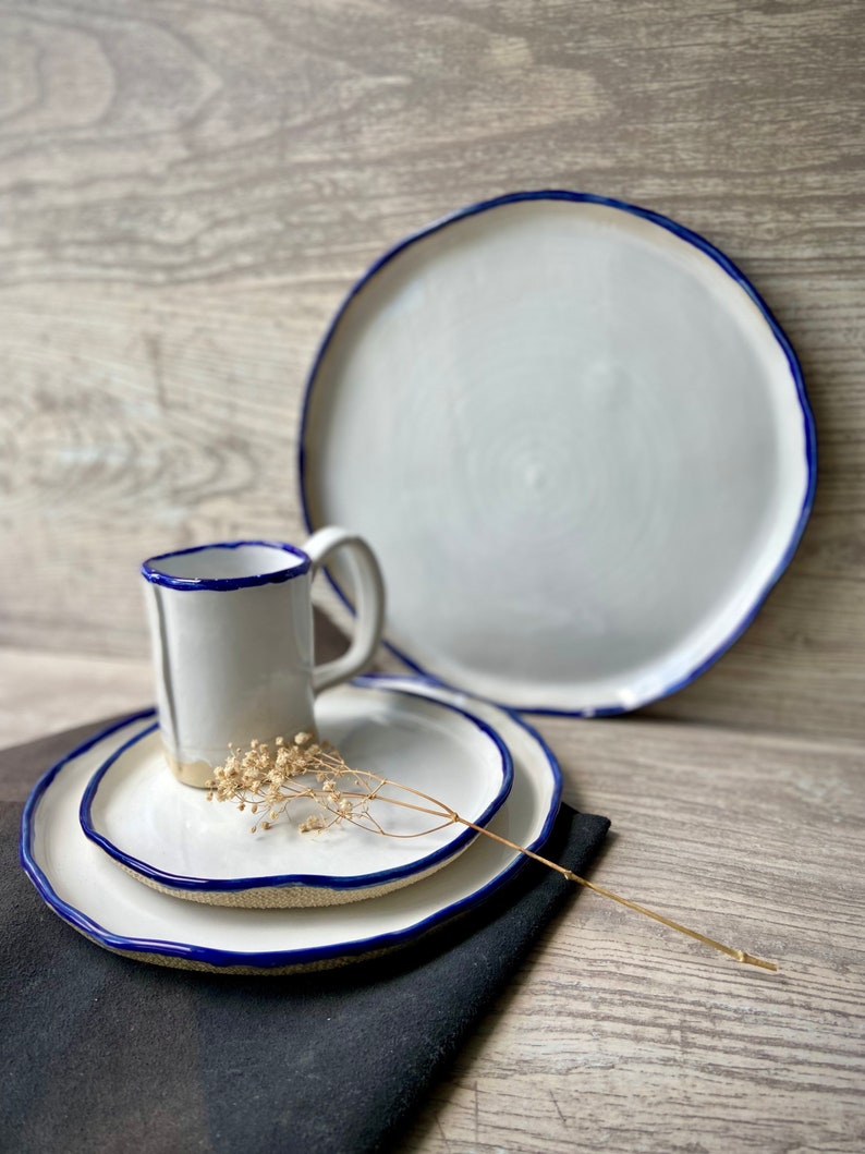 White and blue rim main/serving plate 12', Large ceramic dinnerware plate, Stoneware tableware centerpieces platter, Modern art by Manya image 4