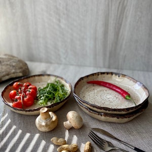 Rustic pasta bowls, Unique stoneware cereal bowl, Pottery dinnerware set, Organic sculpted ramen noodles plate, Modern ceramic Art by Manya image 3