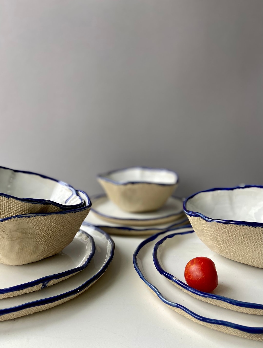 Modern White and Blue Rim Dinnerware Set for 4 12 Pieces, Stoneware Dinner Snack/dessert Plates