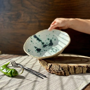 Sculpted green spotted salad/serving bowl, Ceramic dinnerware service plate, Stoneware handmade bowl, Tableware set, Modern art by Manya image 3