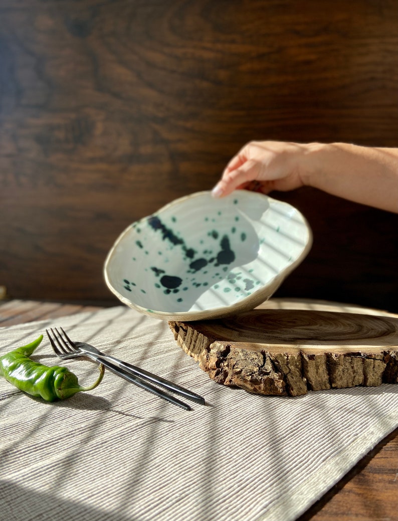 Sculpted green spotted salad/serving bowl, Ceramic dinnerware service plate, Stoneware handmade bowl, Tableware set, Modern art by Manya image 3