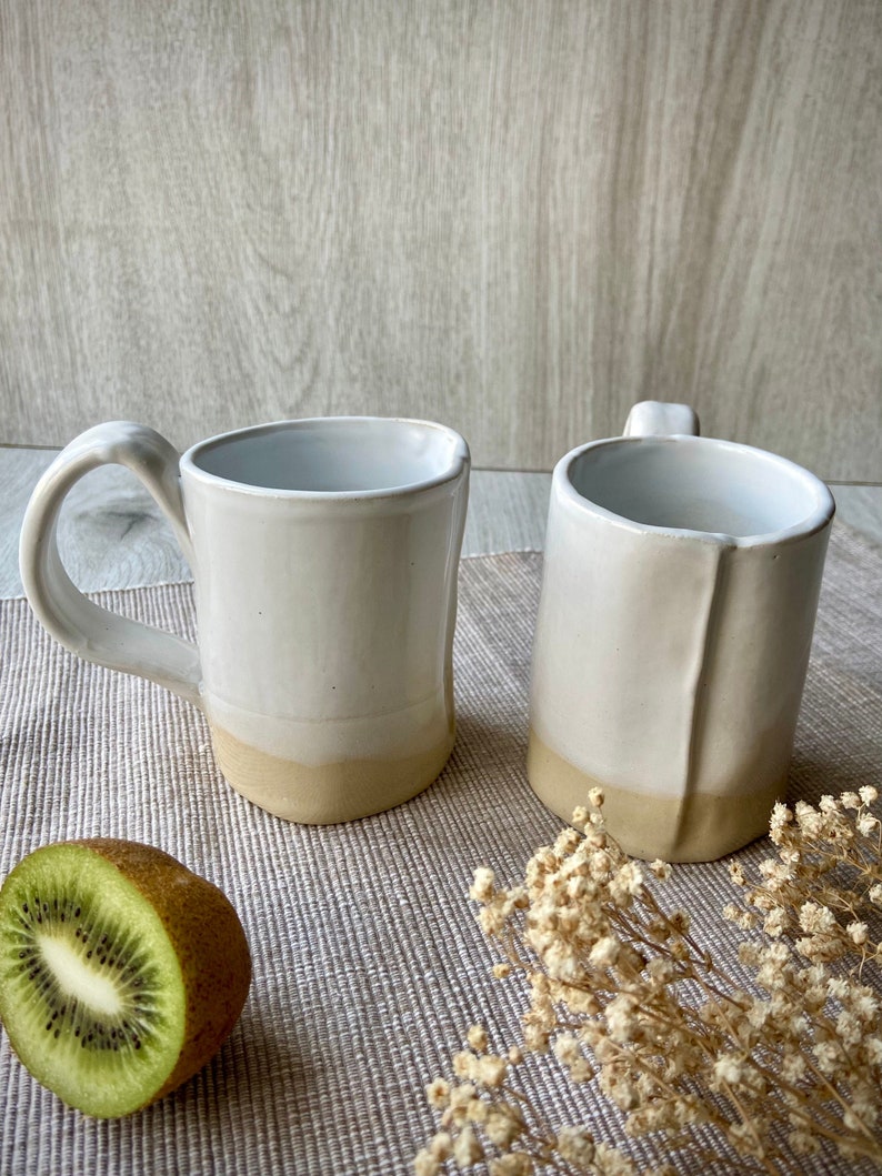 White ceramic mug, Old fashioned coffee tea cup, Big handel mug, Handmade pottery drinkware, Stoneware tea set, Unique modern art by Manya image 1