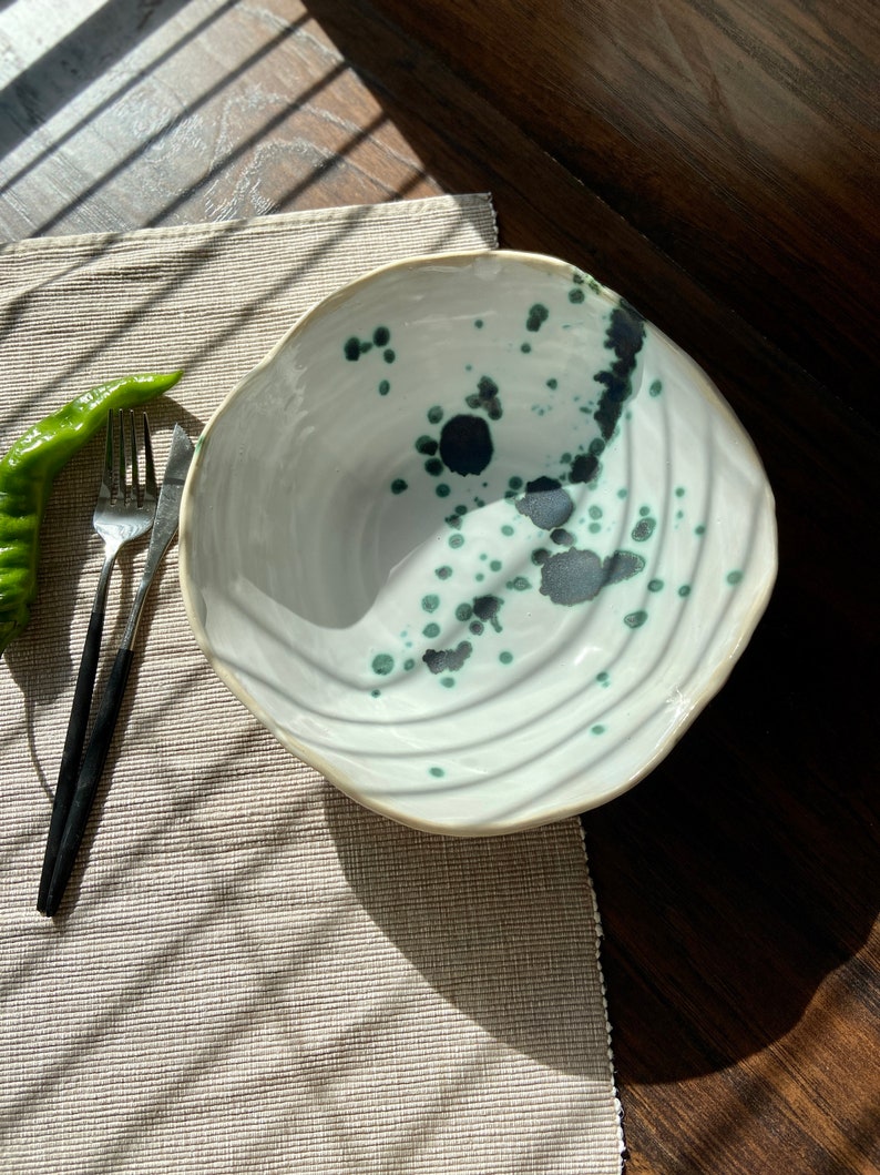 Sculpted green spotted salad/serving bowl, Ceramic dinnerware service plate, Stoneware handmade bowl, Tableware set, Modern art by Manya image 6