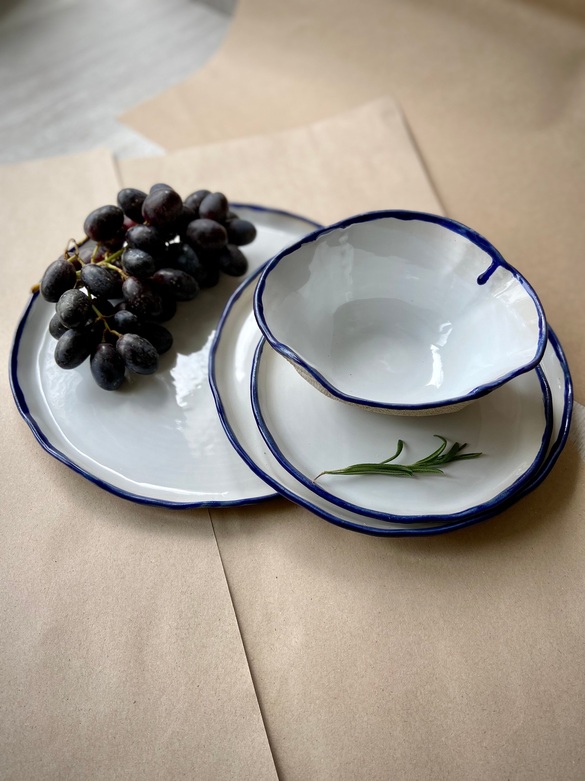 Modern White and Blue Rim Dinnerware Set for 4 12 Pieces Etsy
