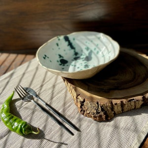 Sculpted green spotted salad/serving bowl, Ceramic dinnerware service plate, Stoneware handmade bowl, Tableware set, Modern art by Manya image 4