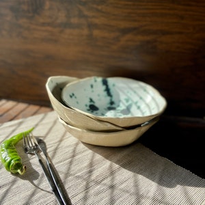 Sculpted green spotted salad/serving bowl, Ceramic dinnerware service plate, Stoneware handmade bowl, Tableware set, Modern art by Manya image 5