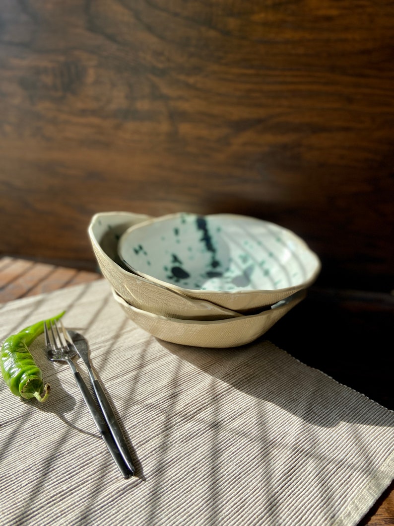 Sculpted green spotted salad/serving bowl, Ceramic dinnerware service plate, Stoneware handmade bowl, Tableware set, Modern art by Manya image 5