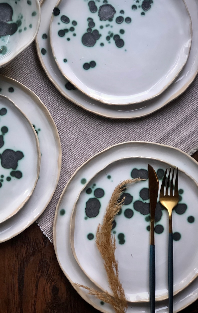 Ceramic Dinnerware Set of Dessert, Dinner Plates / Soup Bowl Serving Salad Tableware Scandinavian Collection Pottery Sculpted Stoneware Gift image 4