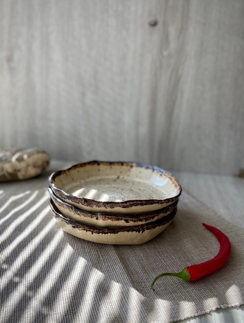 Rustic pasta bowls, Unique stoneware cereal bowl, Pottery dinnerware set, Organic sculpted ramen noodles plate, Modern ceramic Art by Manya image 9
