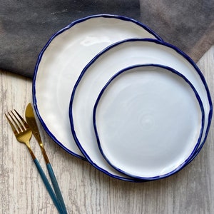 White and Blue Rim Side Dinner Plate 10", Ceramic Dinnerware Square ...
