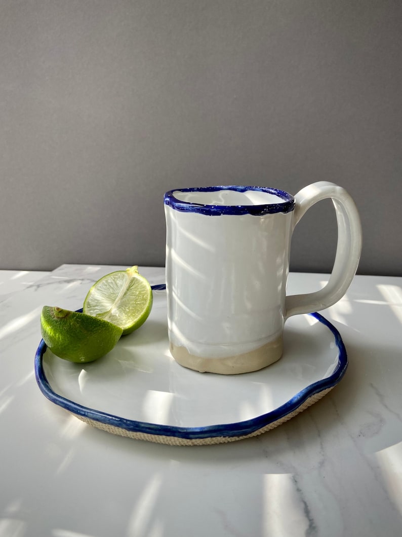 White and blue tea/coffee gift set of mug and dessert plate, Dinnerware snack plate & cup, Unique stoneware ceramic set, Modern art by Manya image 1