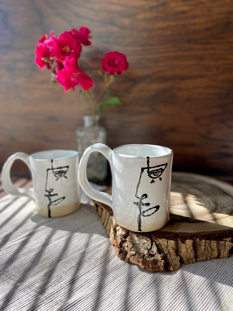 Picasso coffee/tea mug, Ceramic cup, White and blue tableware tea set, Handmade pottery drinkware, Stoneware mug, Modern art by Manya image 10
