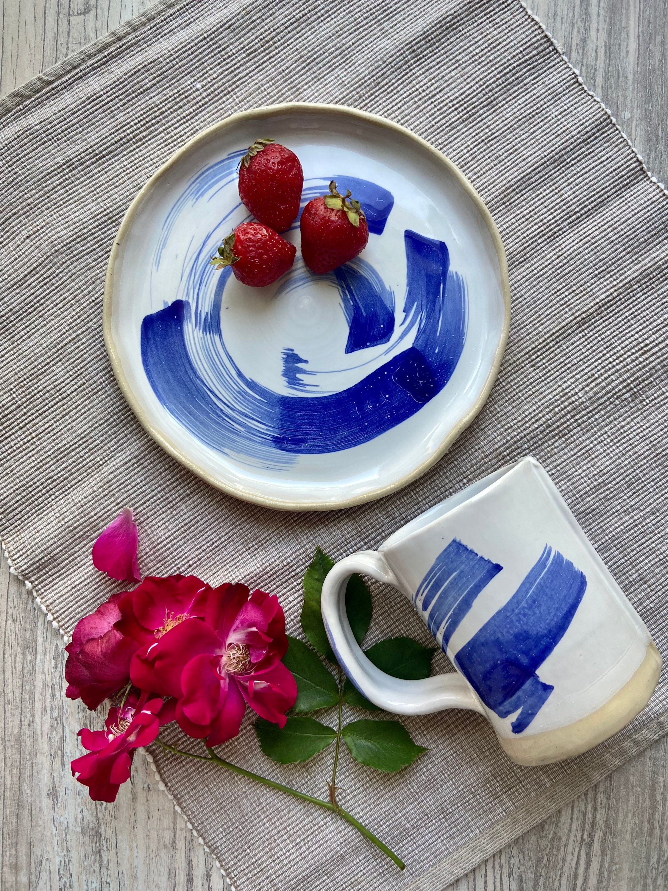 Blue Ceramic Coffee Mug Cup and Dessert Plate Modern Etsy