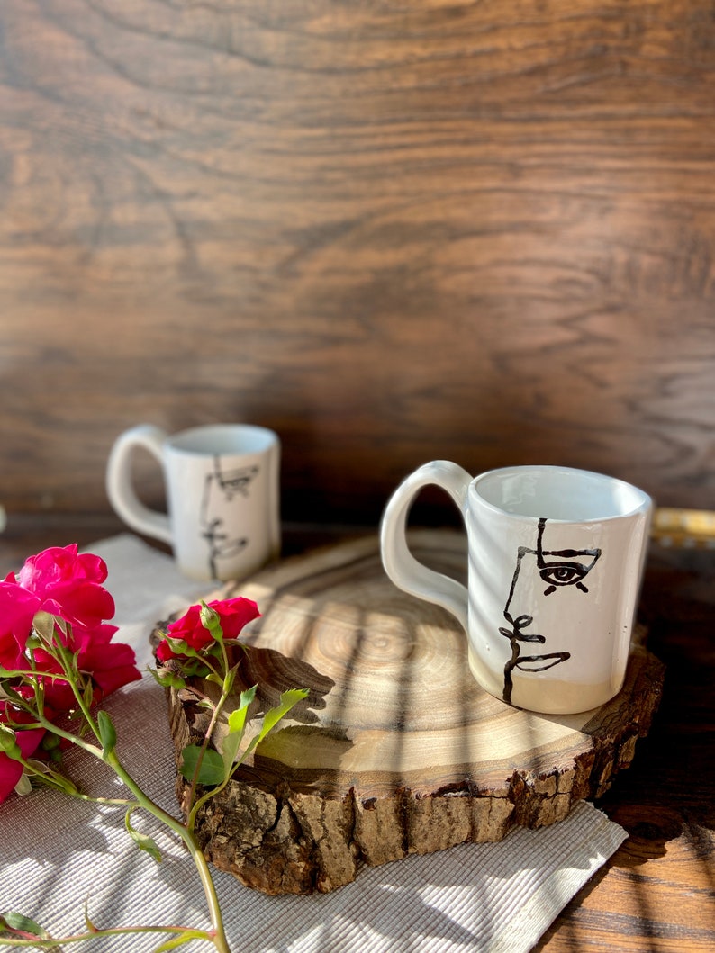 Picasso coffee/tea mug, Ceramic cup, White and blue tableware tea set, Handmade pottery drinkware, Stoneware mug, Modern art by Manya image 3