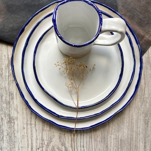 White and blue rim main/serving plate 12', Large ceramic dinnerware plate, Stoneware tableware centerpieces platter, Modern art by Manya image 6