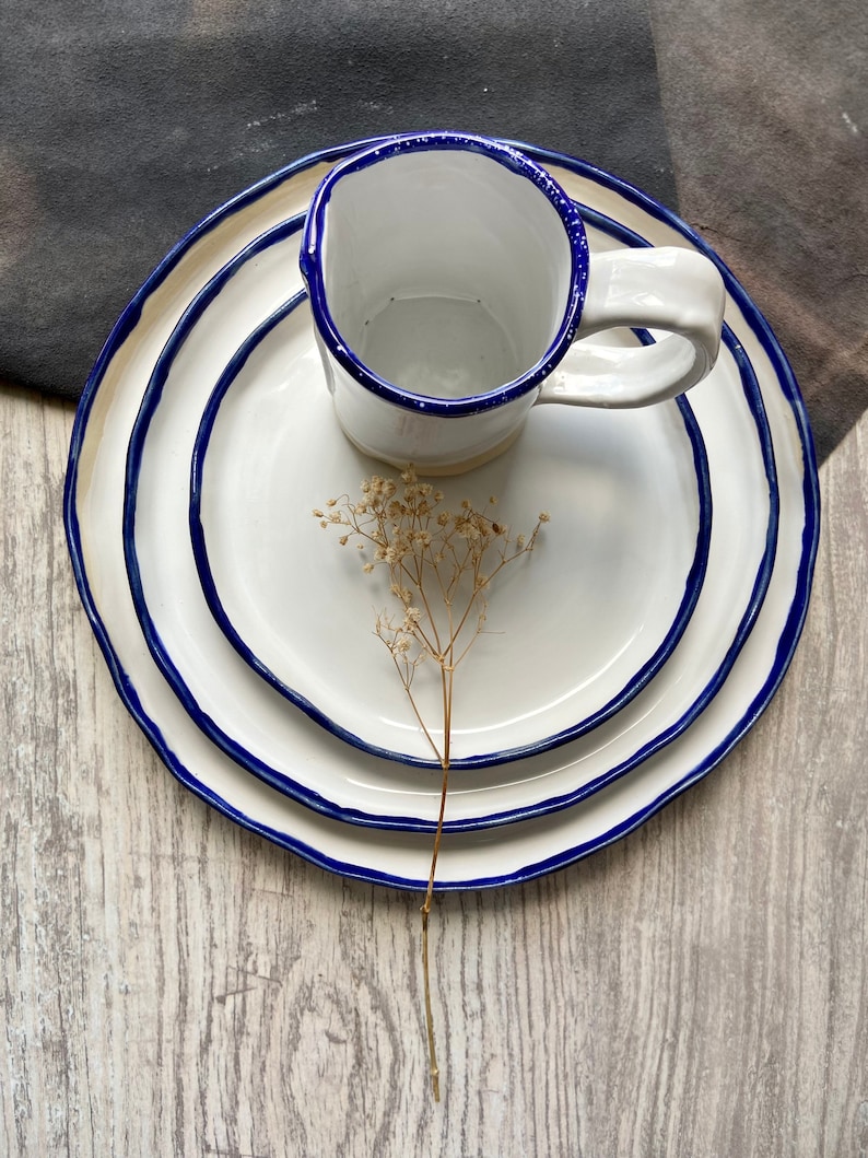 White and blue rim main/serving plate 12', Large ceramic dinnerware plate, Stoneware tableware centerpieces platter, Modern art by Manya image 6