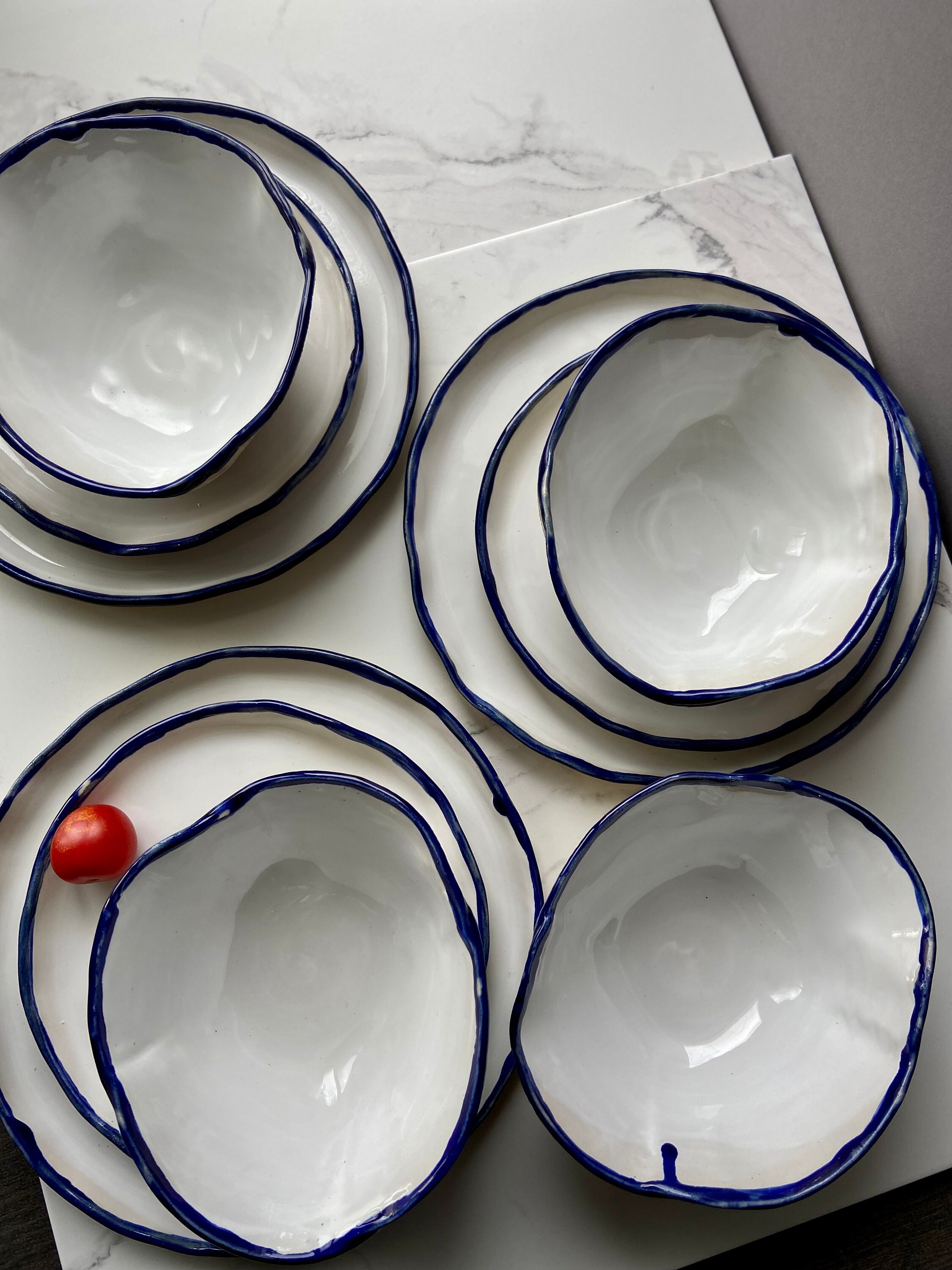White and Blue Rim Dinnerware Set of 3 Pieces Dinner Etsy