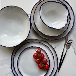 Modern white and blue rim dinnerware, Stoneware dinner side snack plates, Salad soup bowls, Serving tableware, Ceramic art by Manya image 4