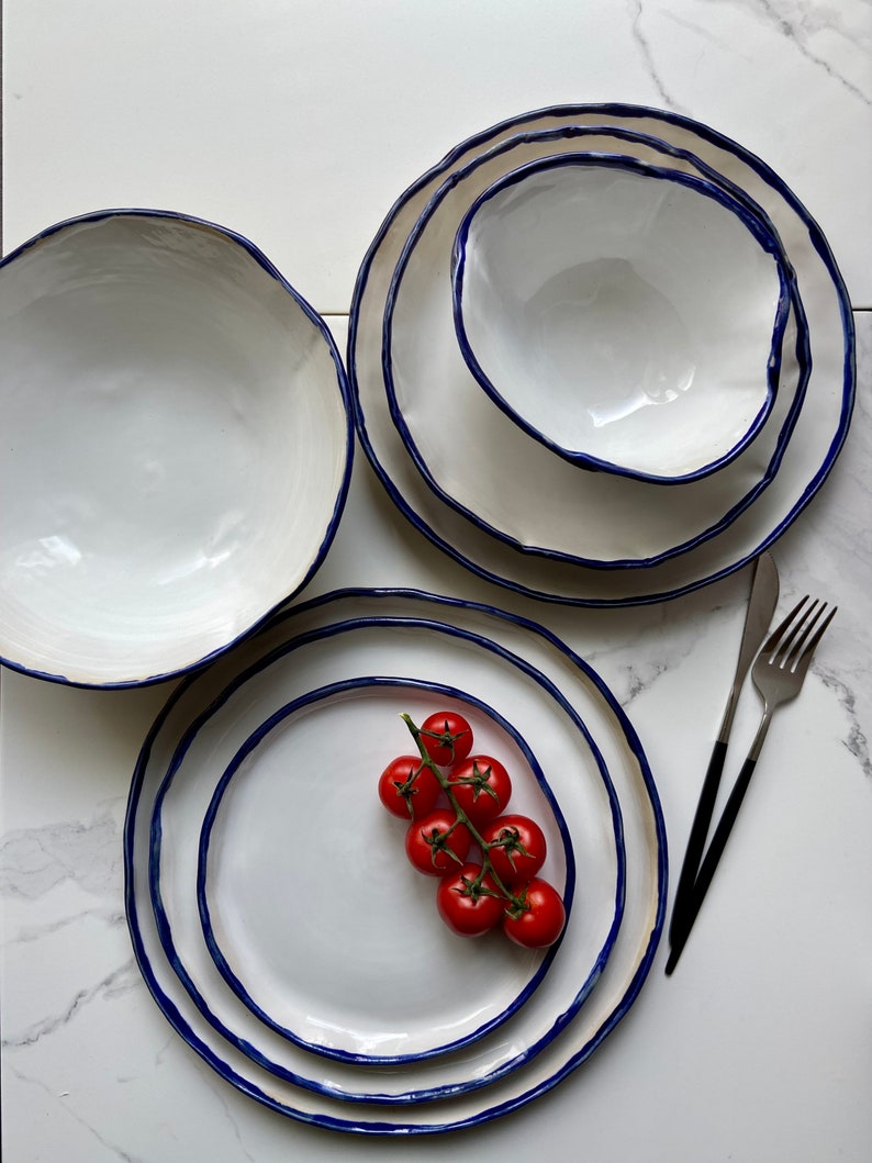 Modern white and blue rim dinnerware, Stoneware dinner side snack plates, Salad soup bowls, Serving tableware, Ceramic art by Manya image 4