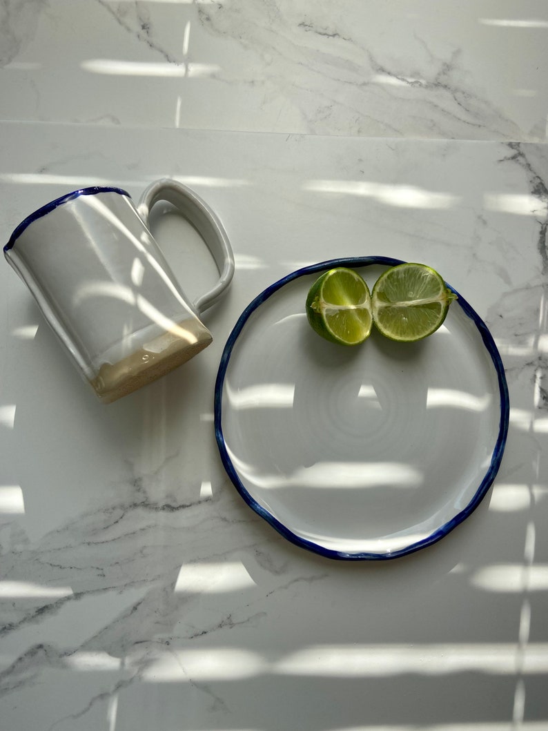 White and blue tea/coffee gift set of mug and dessert plate, Dinnerware snack plate & cup, Unique stoneware ceramic set, Modern art by Manya image 5