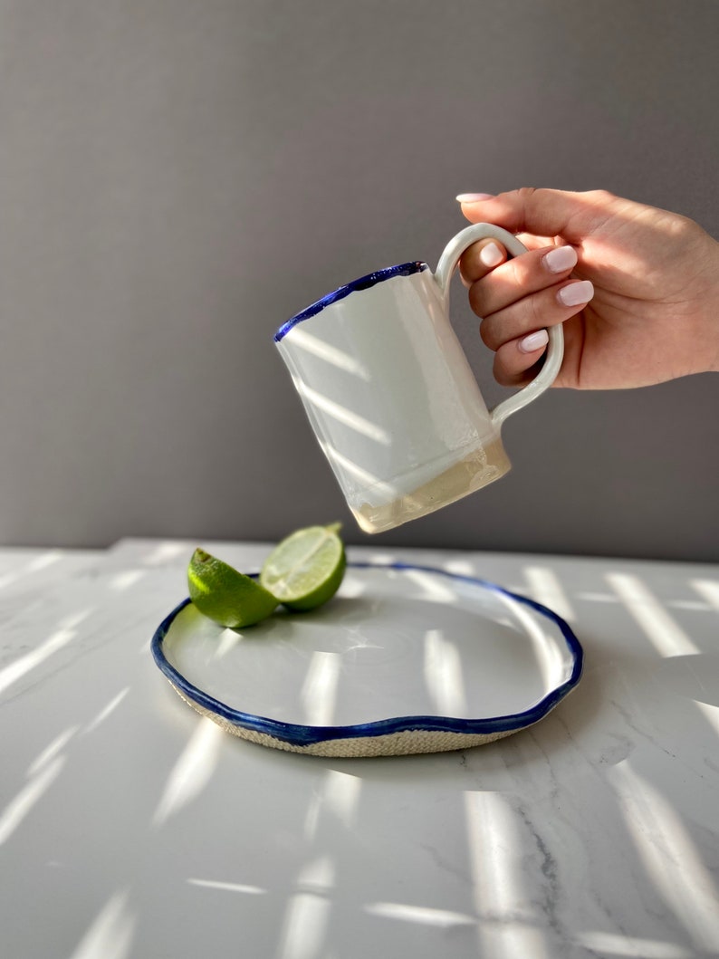 White and blue tea/coffee gift set of mug and dessert plate, Dinnerware snack plate & cup, Unique stoneware ceramic set, Modern art by Manya image 3