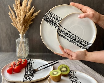 White and black splash dinnerware set, Stoneware dinner side snack plates, Salad soup bowls, Serving tableware, Modern ceramic Art by Manya