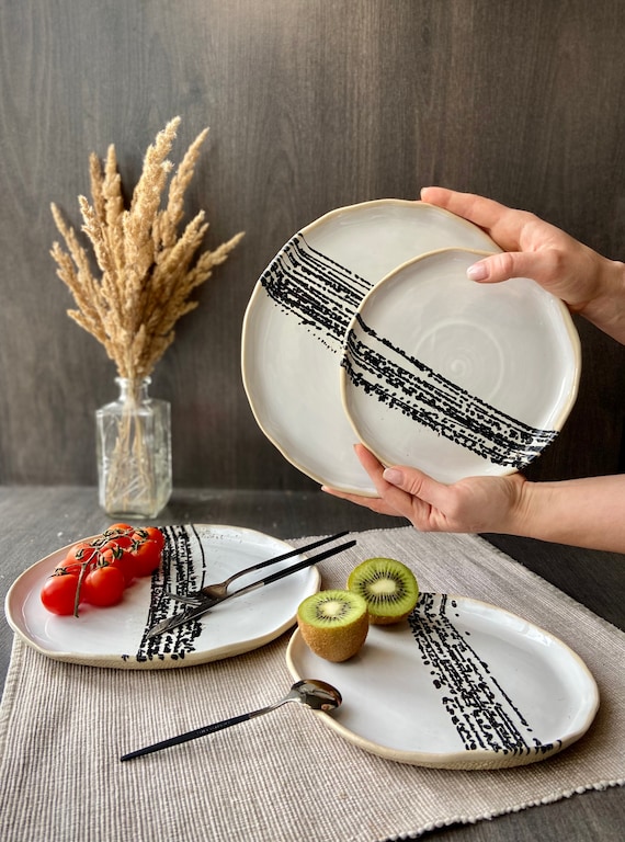 White and Black Splash Dinnerware Set, Stoneware Dinner Side Snack