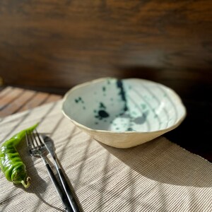 Sculpted green spotted salad/serving bowl, Ceramic dinnerware service plate, Stoneware handmade bowl, Tableware set, Modern art by Manya image 8