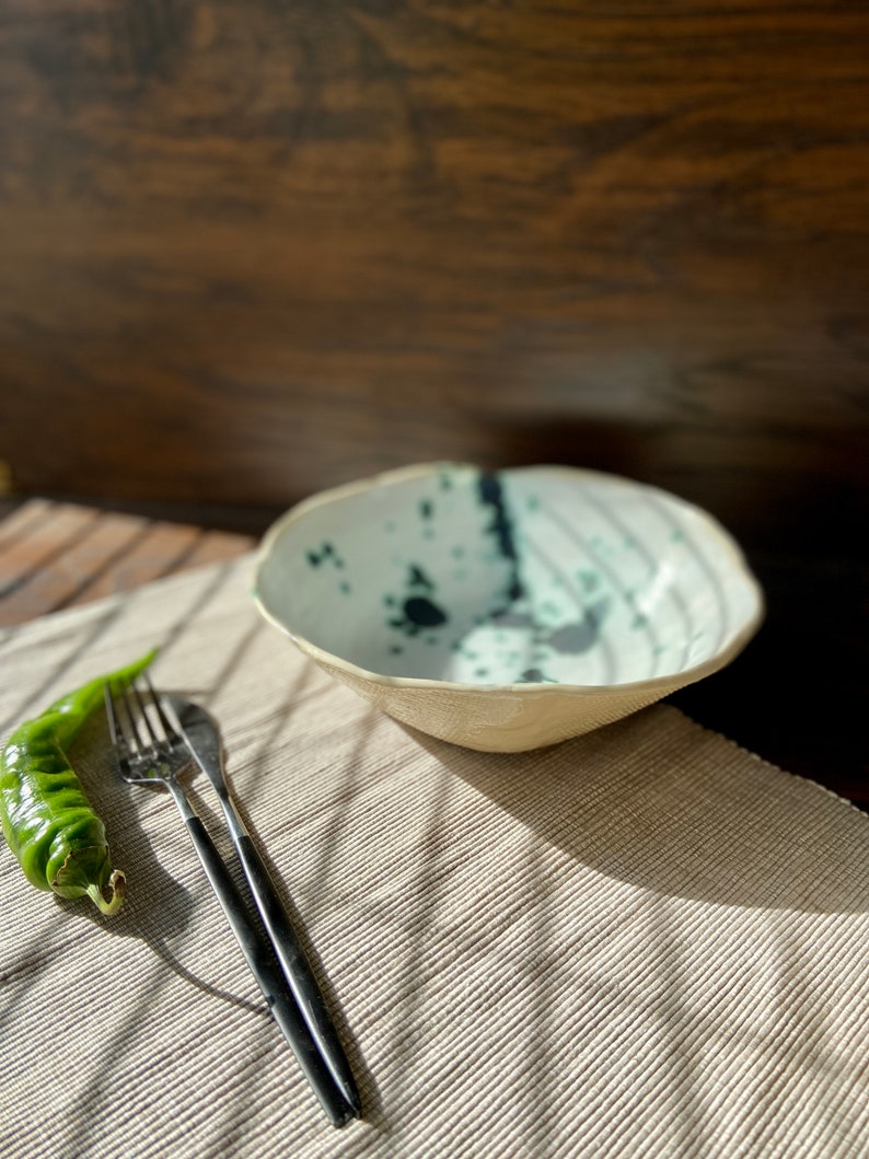 Sculpted green spotted salad/serving bowl, Ceramic dinnerware service plate, Stoneware handmade bowl, Tableware set, Modern art by Manya image 8