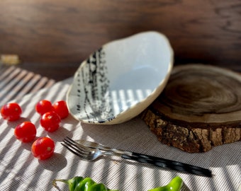 White with black splash salad/serving bowl, Handmade ceramic dinnerware bowls, Unique sculpted stoneware bowl, dish set, Modern art by Manya