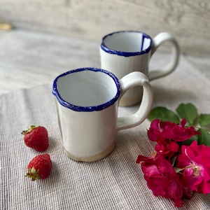 Blue rim coffee/tea mug, Ceramic cup, White and blue tableware tea set, Handmade pottery drinkware,  Stoneware mug, Modern art by Manya