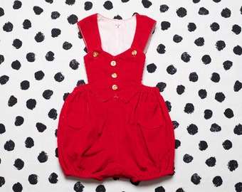 Mono vintage para niño de 3 años, mono corto de pana roja de los años 80, pantalones cortos con tirantes, pechera, mono de burbuja, ropa de bebé de segunda mano