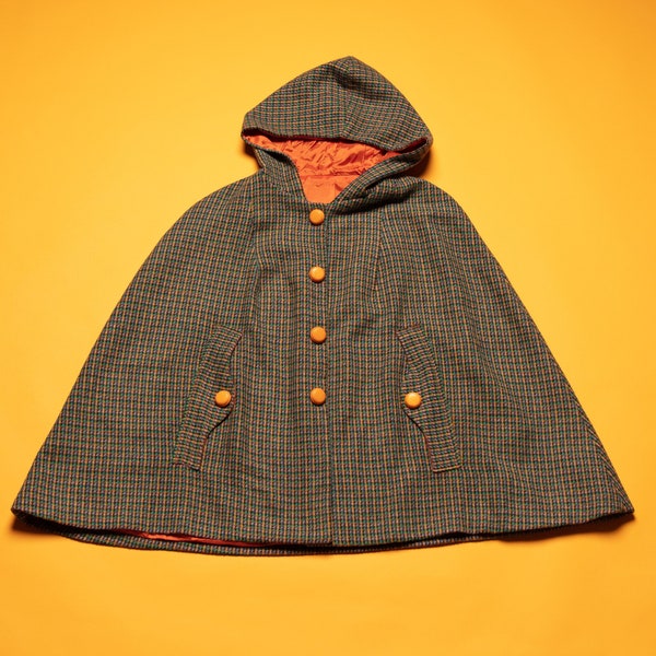 60's Plaid Poncho vintage girl hooded wool blend cap 60s manteau manteau poncho à carreaux doublé cape d'hiver taille env. 9 -10 ans