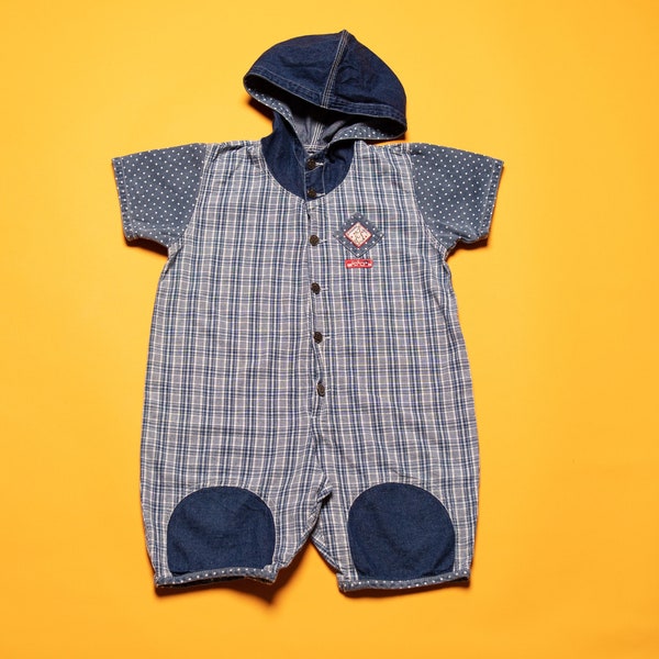 Vintage Kids Overoles 90s plaid mini man denim jumpsuit con capucha short playsuit blue checkers kids romper edad 3- 4 años