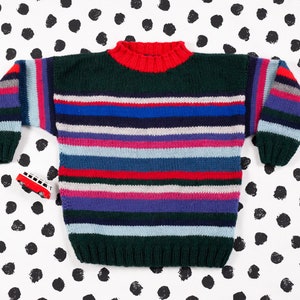 Vintage 1970s Kids Hand Knit Sweater . Age 6 -  7 Years 70s Handknit Striped Sweater Mock Neck High Neck Sweater Kidswear Kids Clothing