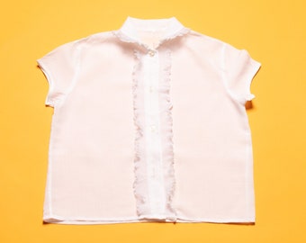 Vintage Kids Blouse white short sleeve shirt ruffle front collar formal event white top girl school blouse age 7-8 years