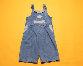 Salopette vintage per bambini salopette estiva in denim lavaggio medio blu jean salopette corta pantaloncini con cinturino dettagli a righe età 14 anni o più