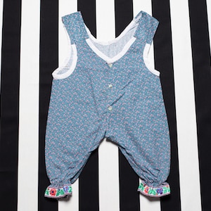 Vintage Kids Overalls 90s handmade blue floral cotton pants dungarees toddler clothes kids wear overalls 80s kids wear age 1 - 2 years