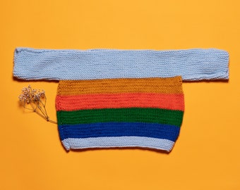 Baby Knit Sweater vintage oversize striped hand knitted acrylic soft pullover boat neck sweater rainbow T pattern size age 18-24 months