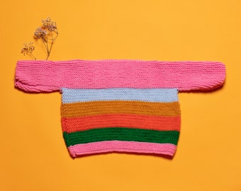 Baby Knit Sweater vintage oversize striped hand knitted acrylic soft pullover boat neck sweater rainbow T pattern size age 18-24 months