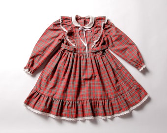 Girls Babydoll Dress plaid girl dress long sleeve dress check print red dress ruffle prairie checkered dress kid vintage clothing size 110