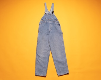 Salopette di jeans vintage adolescente medio lavaggio blu pantaloni con bretelle in denim adolescente jean tuta cinturino pantaloni spessa cotone denim builersuit taglia M età 10